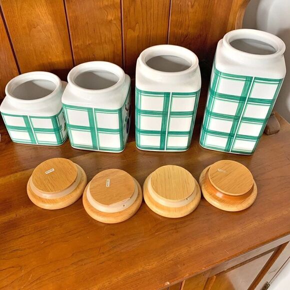 Vintage Lillian Vernon Bright Farmhouse Kitchen Fruit Canister Wood Lid Set of 4 - Picture 5 of 12